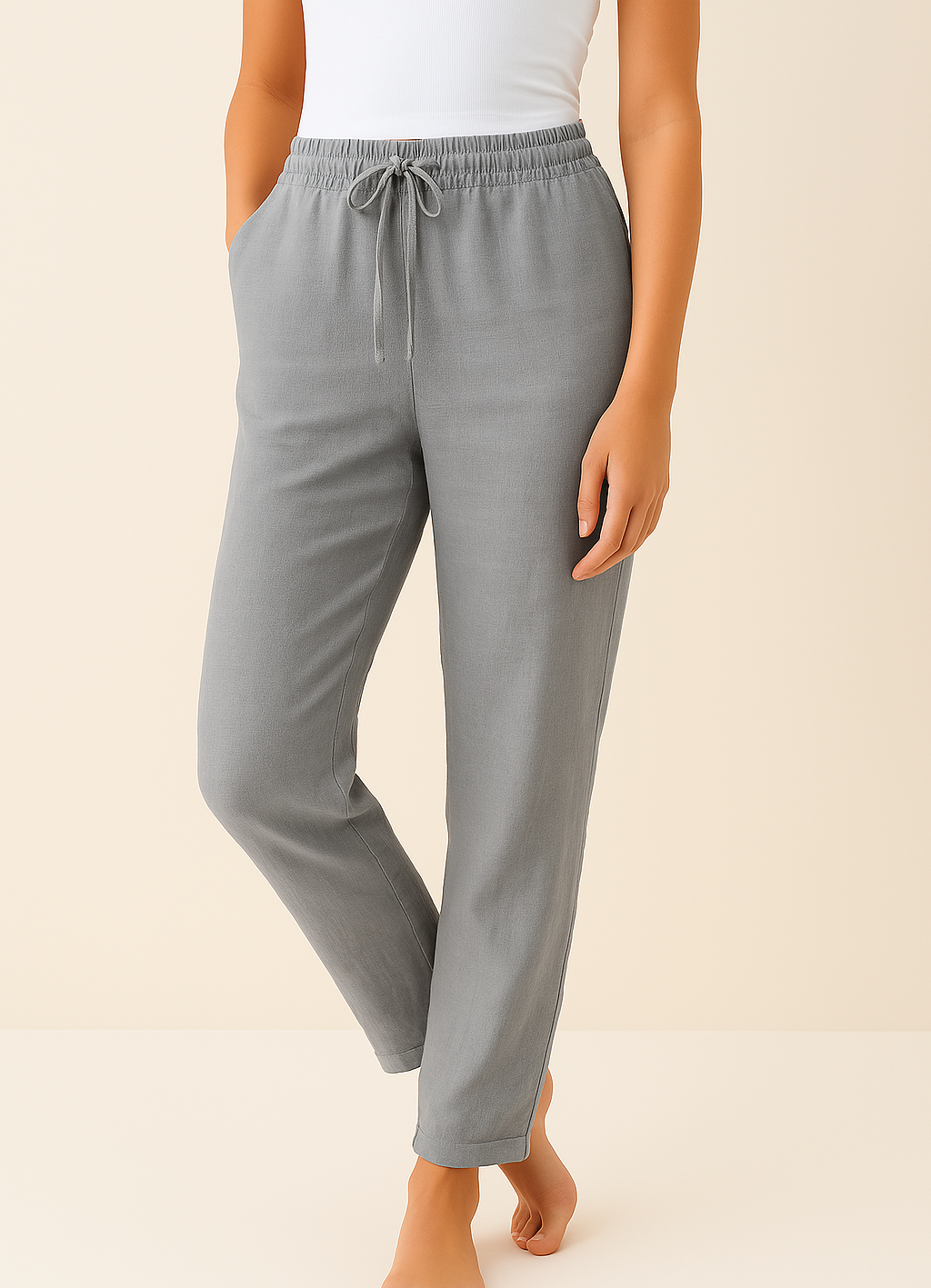 Broek met koord | Elastische Taille | Rechte Pijp | Linnen Broek | Damesbroek-Boetiek Moda