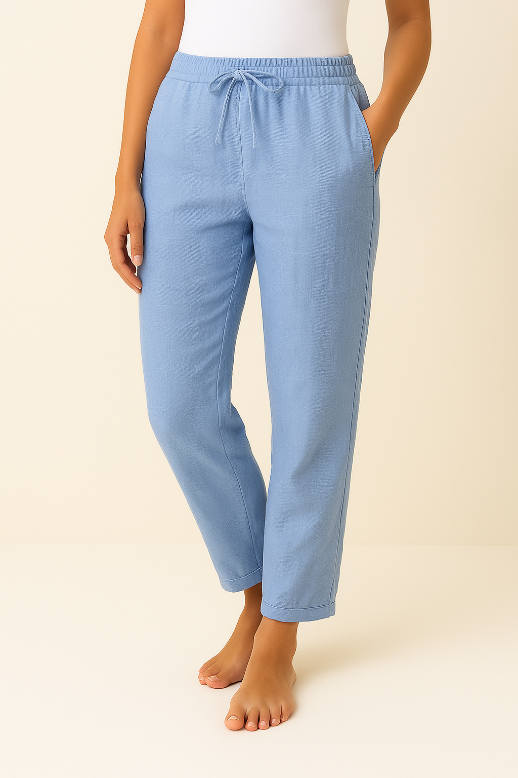 Broek met koord | Elastische Taille | Rechte Pijp | Linnen Broek | Damesbroek-Boetiek Moda