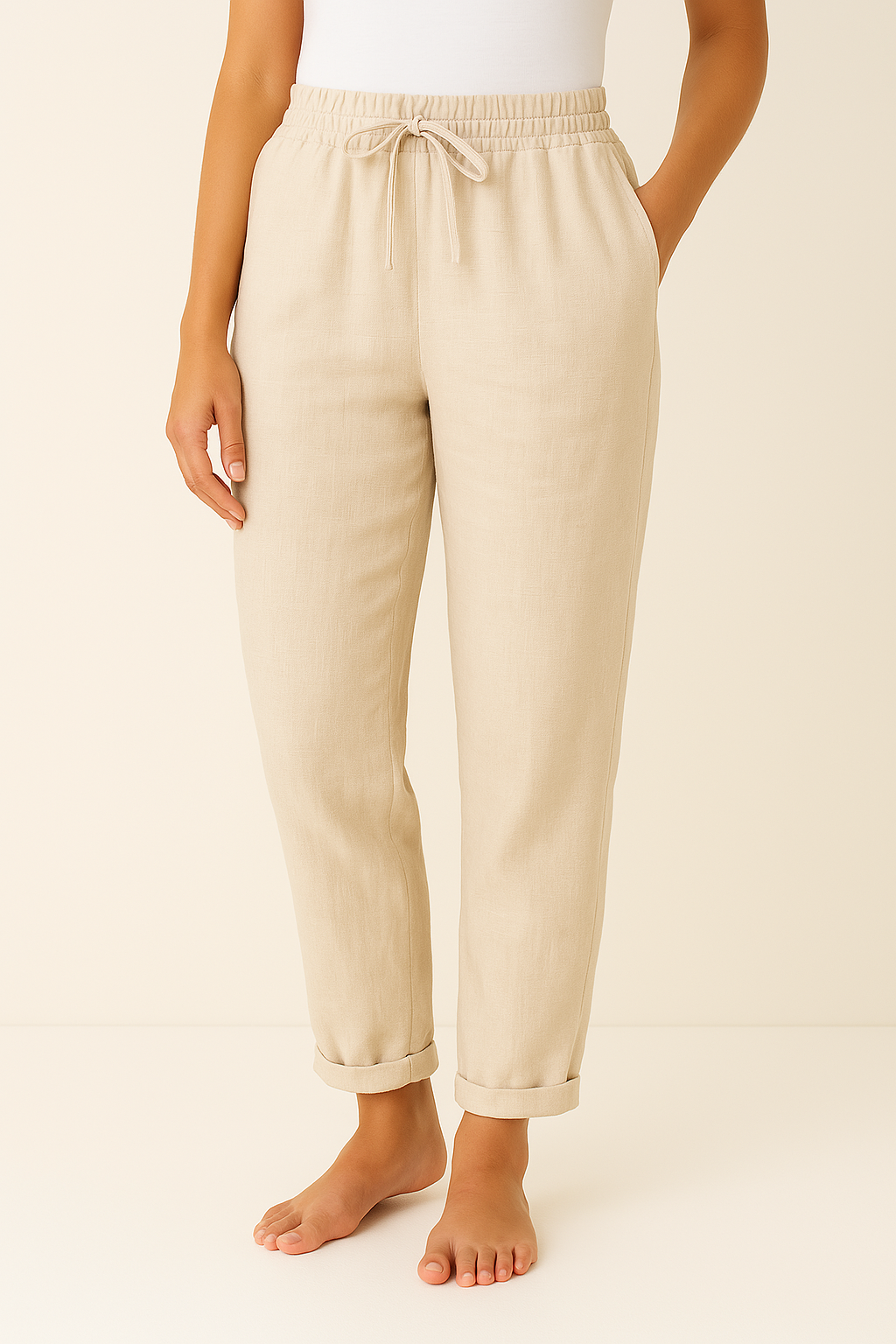 Broek met koord | Elastische Taille | Rechte Pijp | Linnen Broek | Damesbroek-Boetiek Moda