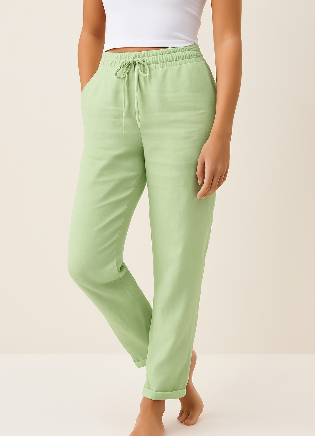 Broek met koord | Elastische Taille | Rechte Pijp | Linnen Broek | Damesbroek-Boetiek Moda