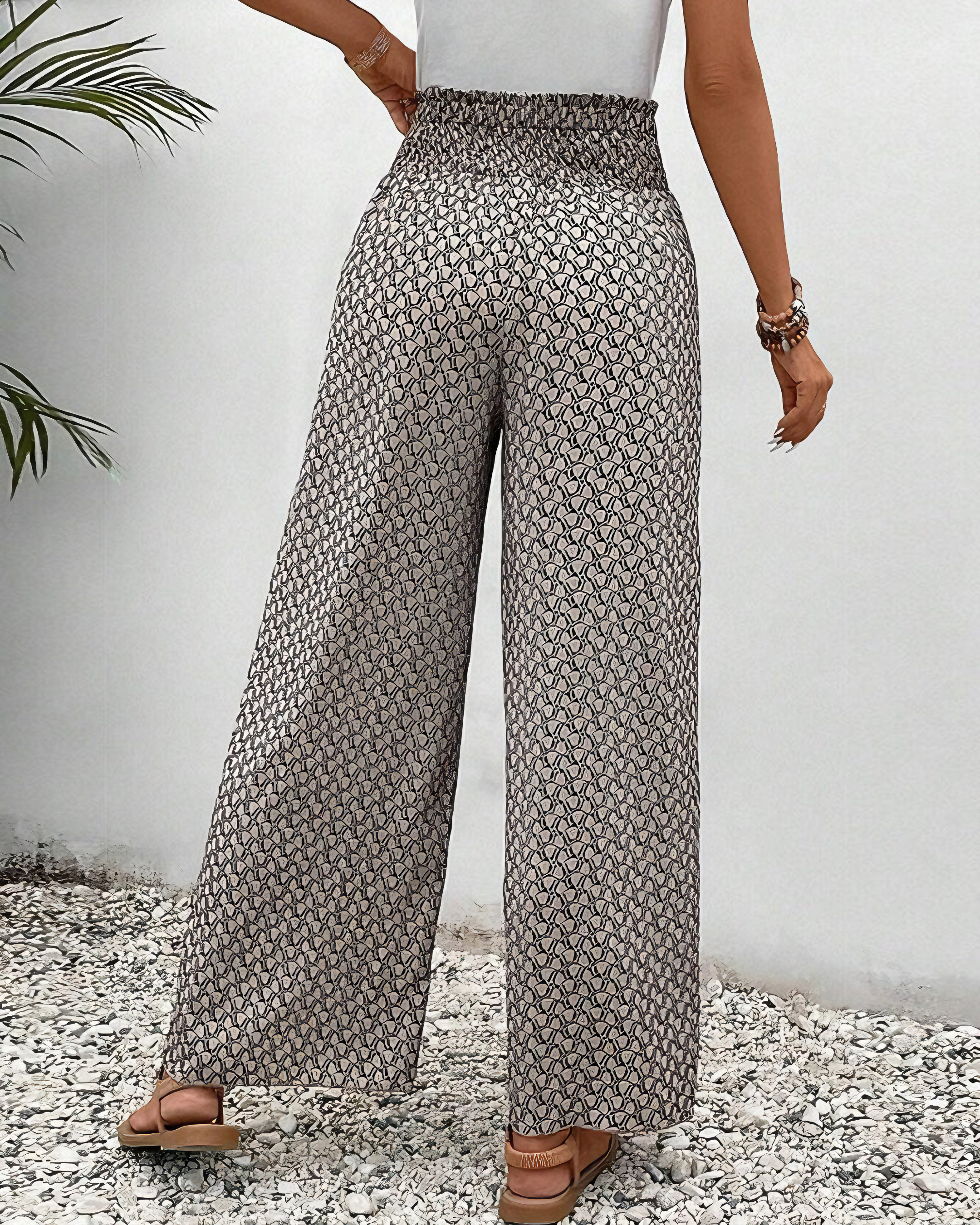 Broek met wijde Pijpen - Gerimpelde taille - Hoge taille - Zomerbroek - Damesbroek-Boetiek Moda