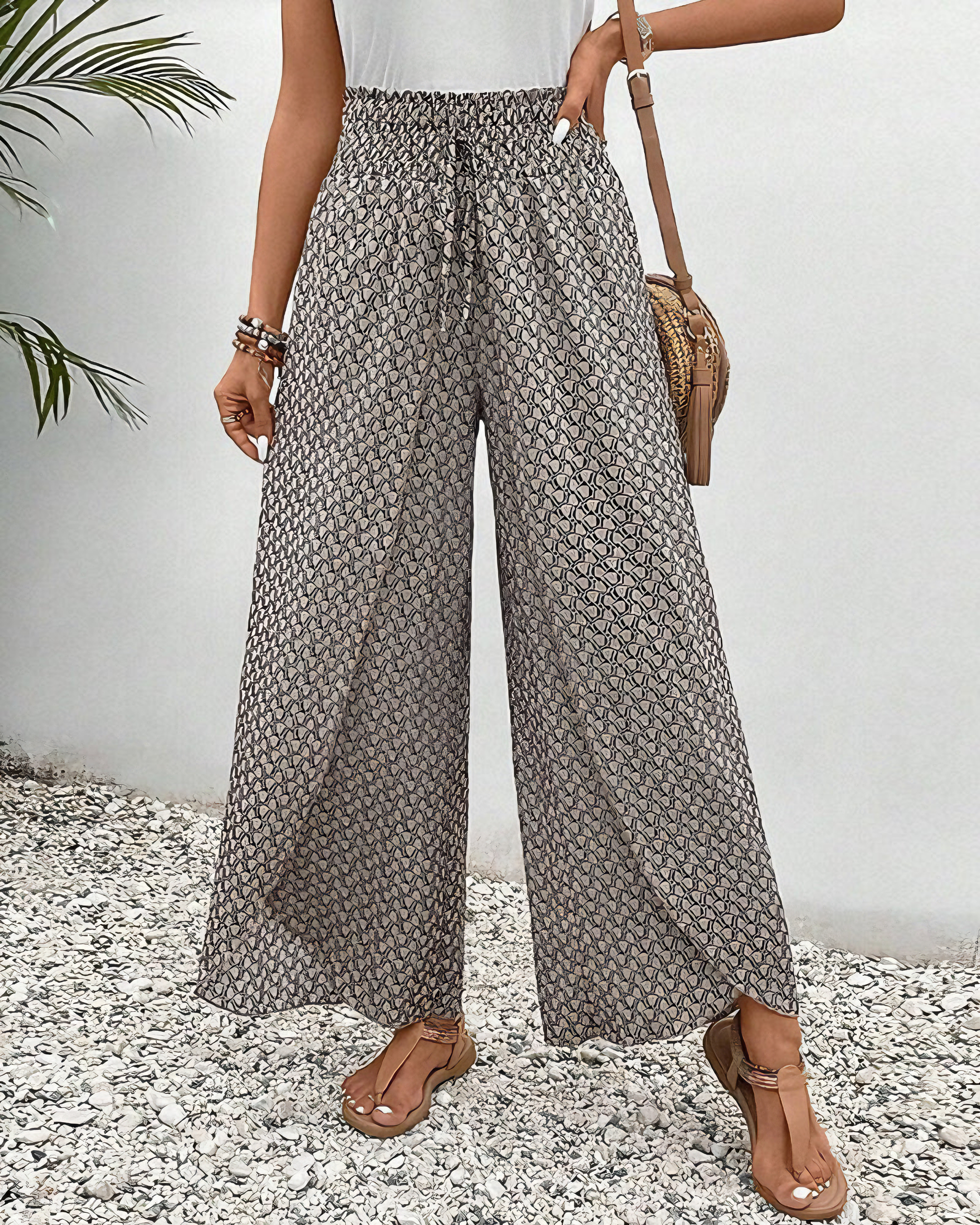Broek met wijde Pijpen - Gerimpelde taille - Hoge taille - Zomerbroek - Damesbroek-Boetiek Moda