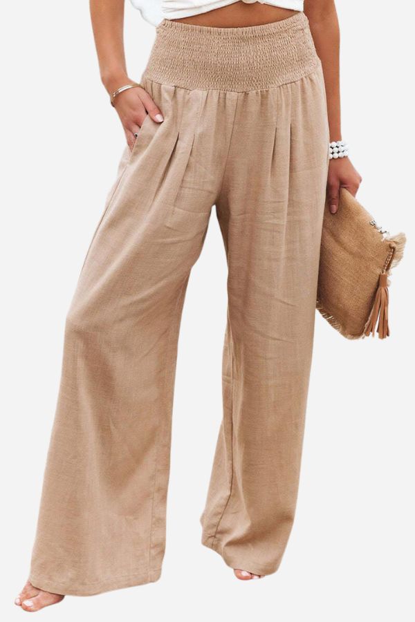 Broek met wijde pijpen | Hoge taille | Geribde taille | Palazzo broek | Dames Linnen Broek-Boetiek Moda