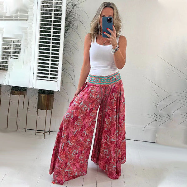 Broek met wijde pijpen | Paisleyprint | Flowy | Boho Broek | Dames Zomerbroek-Boetiek Moda