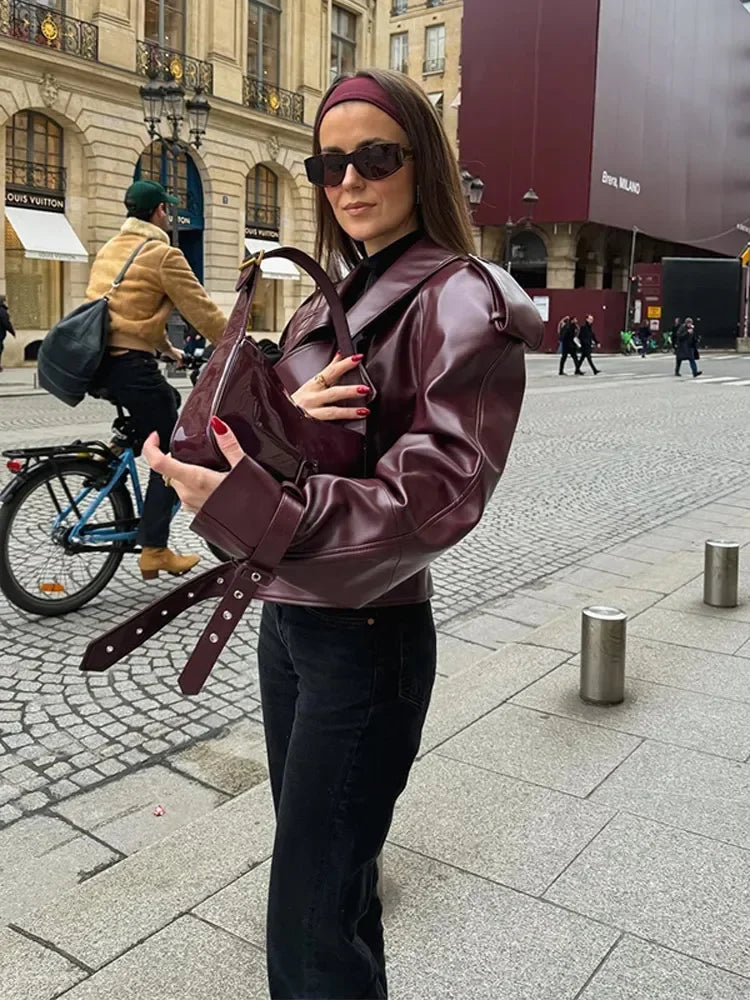 Burgundy Leren Jas - Dames Leren Bikerjas met Riem-Boetiek Moda