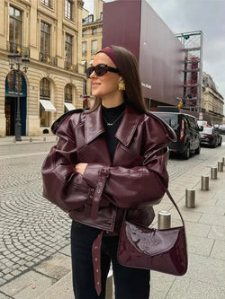 Burgundy Leren Jas - Dames Leren Bikerjas met Riem-Boetiek Moda