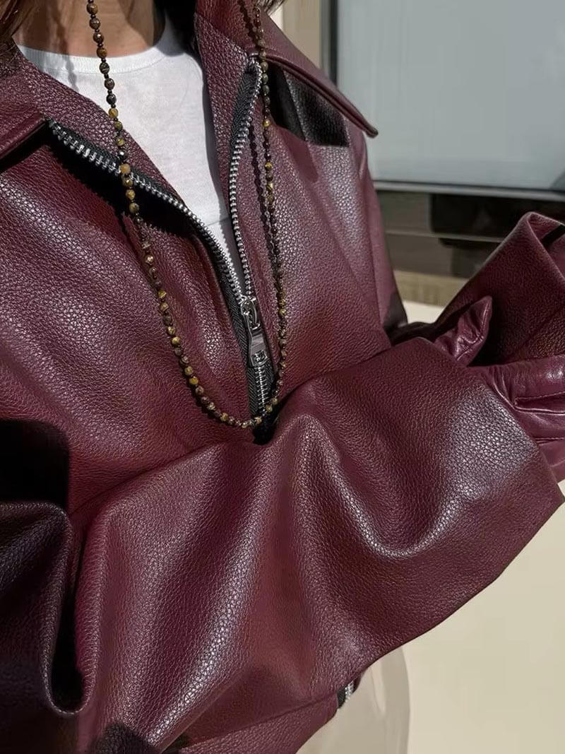 Burgundy Leren Jas | Oversized | Zip-Up | Leren Bomber Jas | Leren Jas Vrouwen-Boetiek Moda