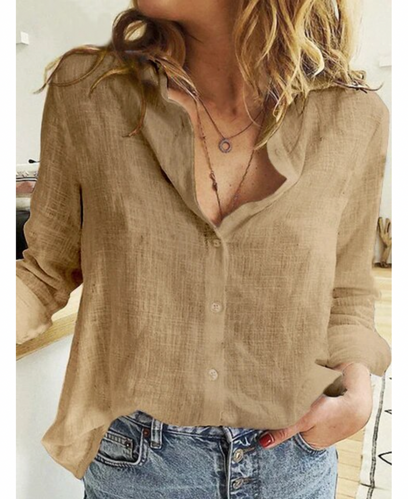 Button-Up Blouse - Dames Loose Fit Linnen Blouse met lange mouwen-Boetiek Moda