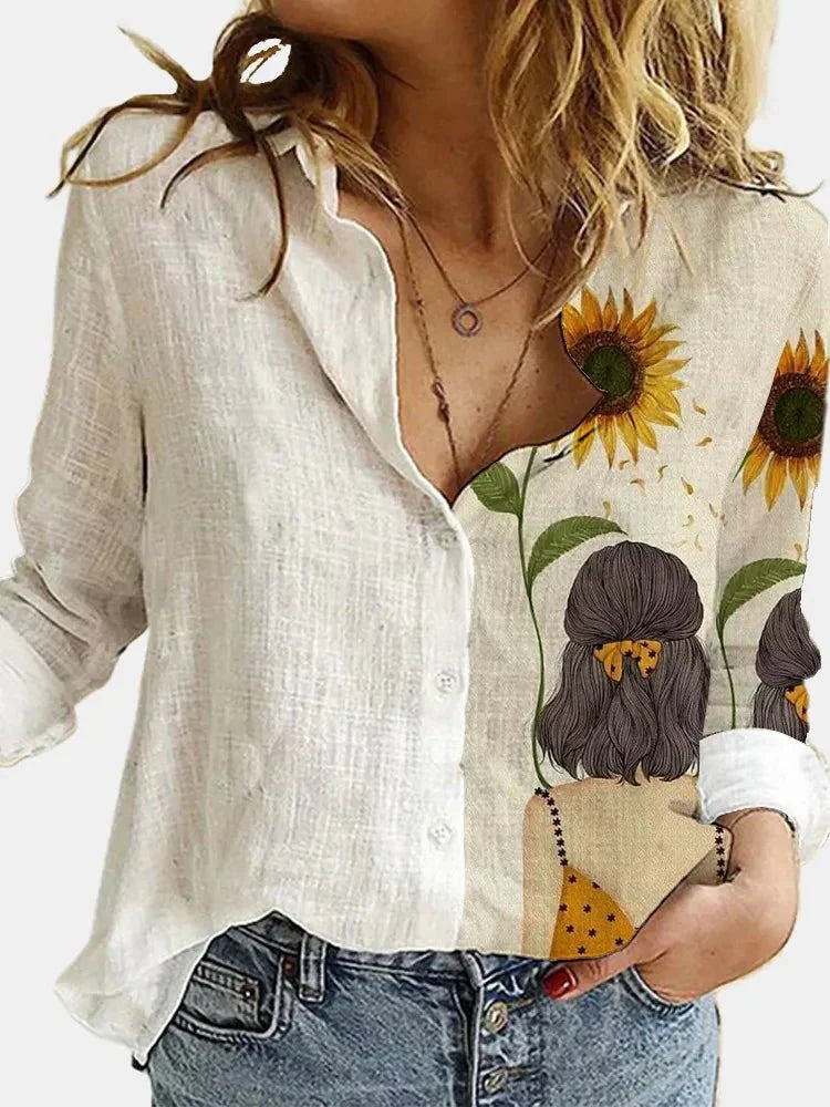 Button-Up Blouse | Los model | Lange Mouw | Linnen Shirt | Dameskleding-Boetiek Moda