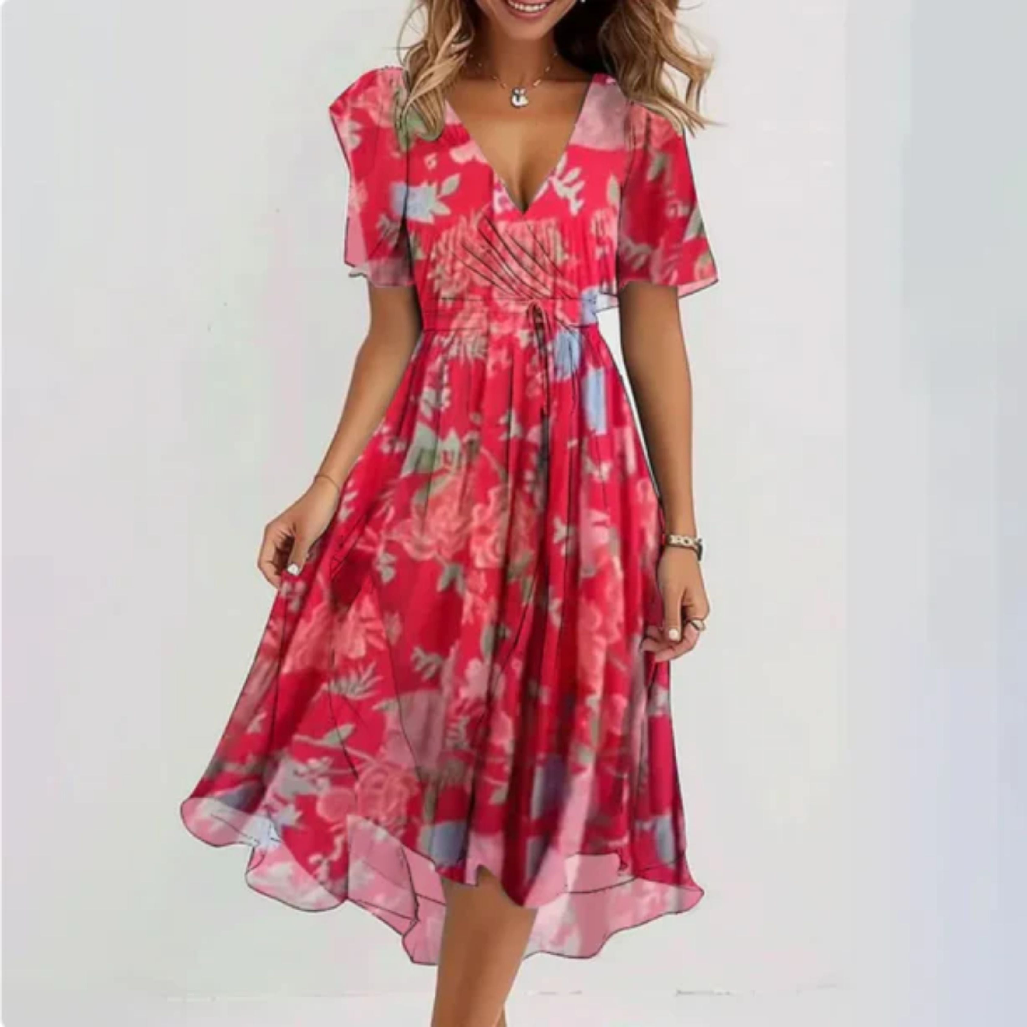 Chiffon jurk - V-hals - Vlindermouw - Midi jurk - Zomerjurk-Boetiek Moda