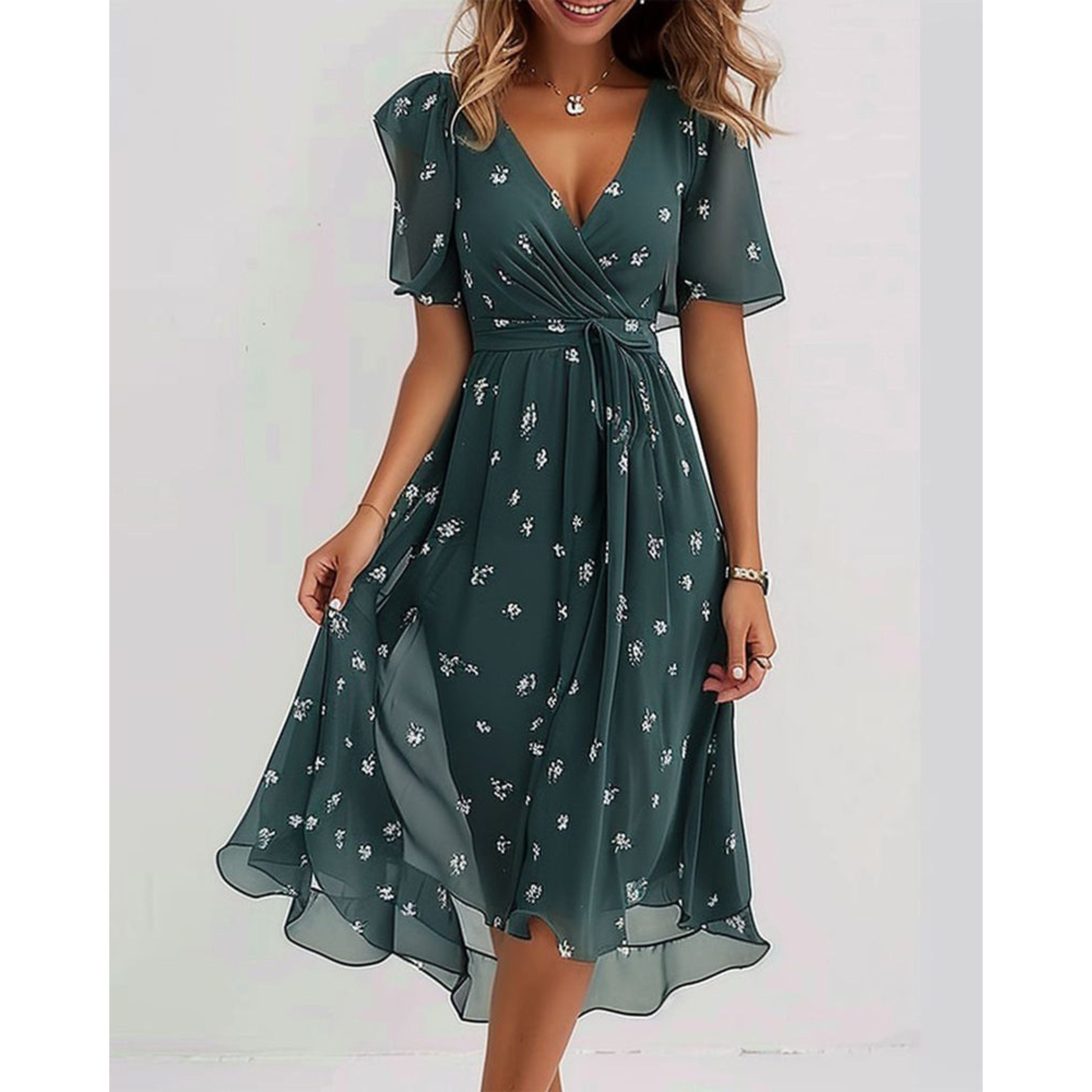 Chiffon jurk - V-hals - Vlindermouw - Midi jurk - Zomerjurk-Boetiek Moda
