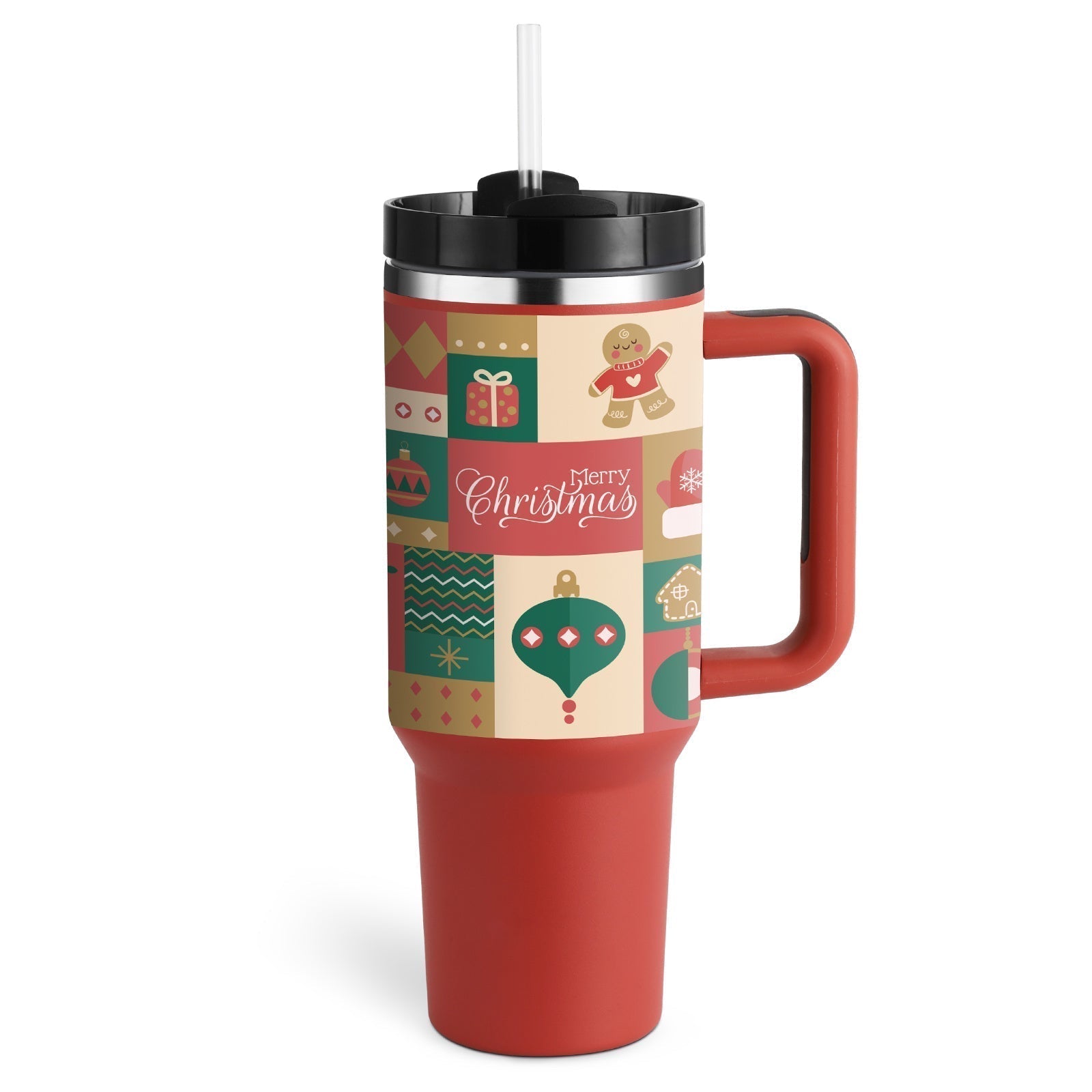 Christmas Tumbler - Geïsoleerde kerstreismok met handvat en rietje-Boetiek Moda