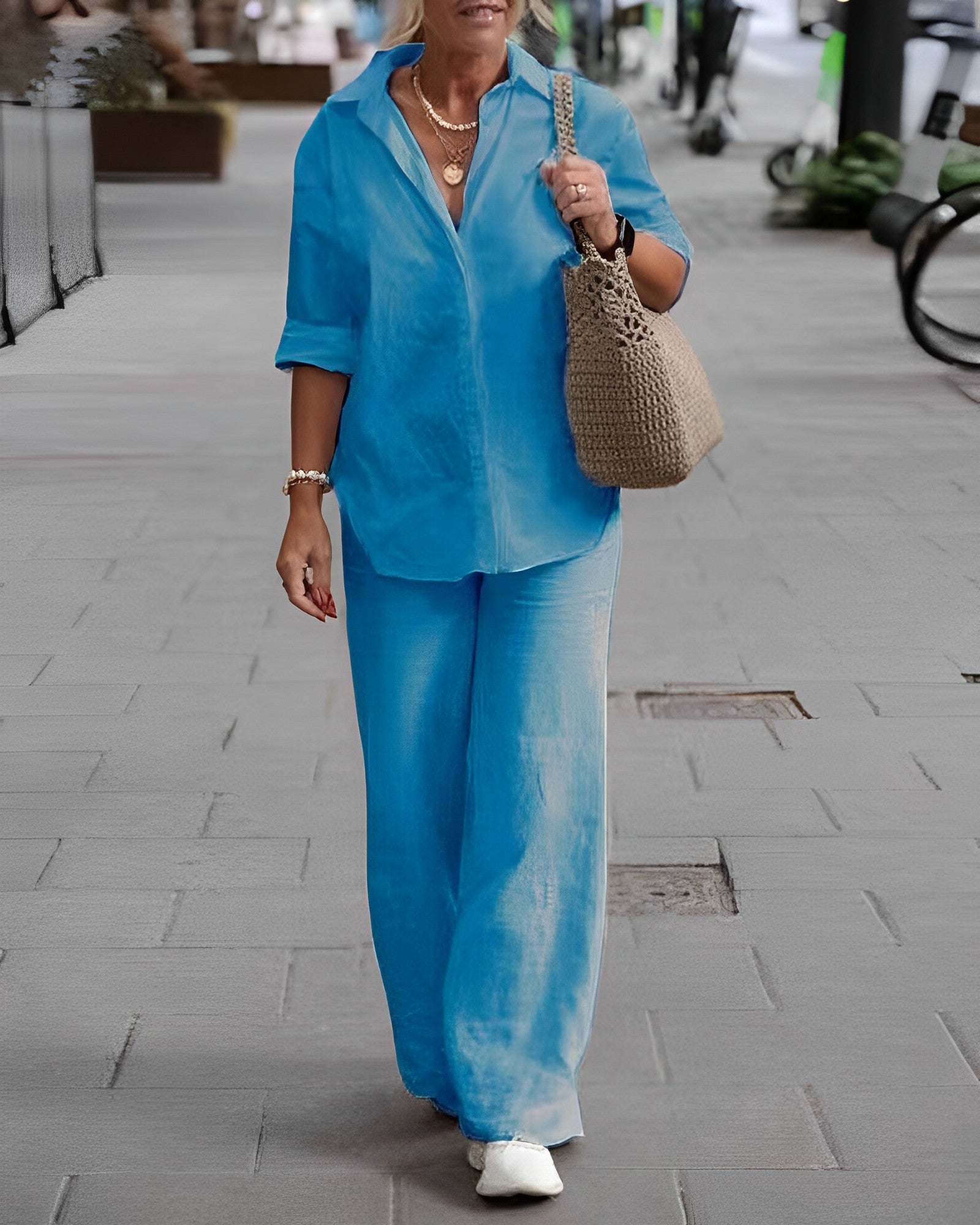 Co-Ord Set - Lange mouwen - Wijde pijpen - Linnen tweedelige set - Dameskleding-Boetiek Moda