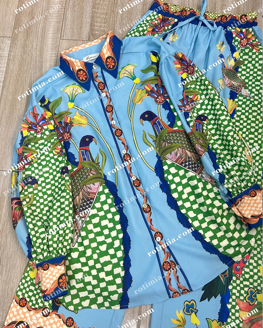 Co-Ord Set - Tweedelige Damesblouse met print en Wijde Broek-Boetiek Moda