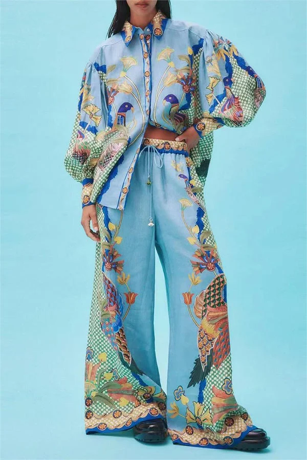 Co-Ord Set - Tweedelige Damesblouse met print en Wijde Broek-Boetiek Moda