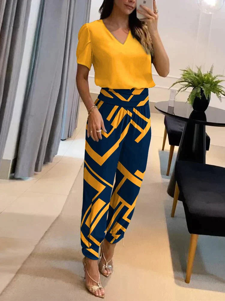 Co-Ord Set - Tweedelige Damesset met Korte Mouw Blouse en Hoge Taille Broek-Boetiek Moda
