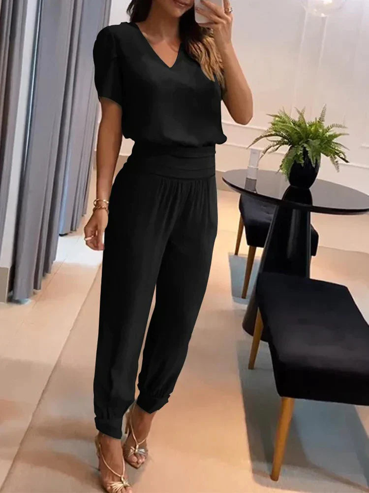 Co-Ord Set - Tweedelige Damesset met Korte Mouw Blouse en Hoge Taille Broek-Boetiek Moda
