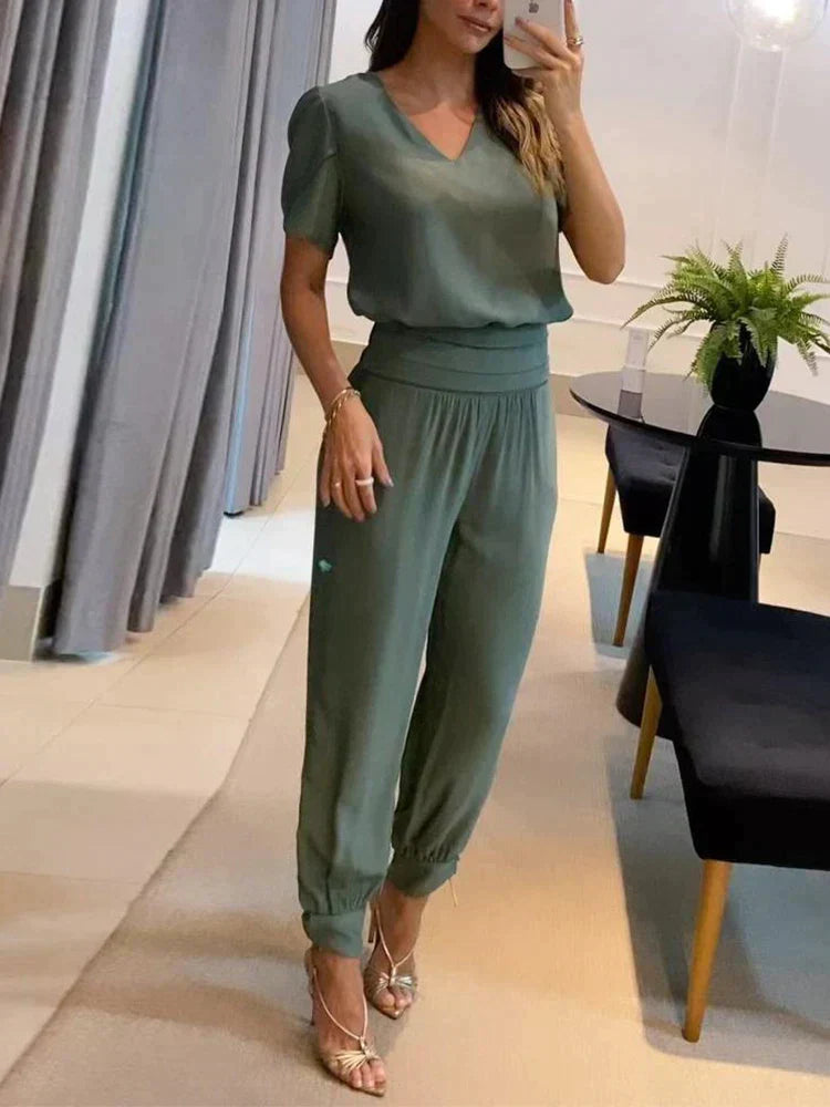 Co-Ord Set - Tweedelige Damesset met Korte Mouw Blouse en Hoge Taille Broek-Boetiek Moda