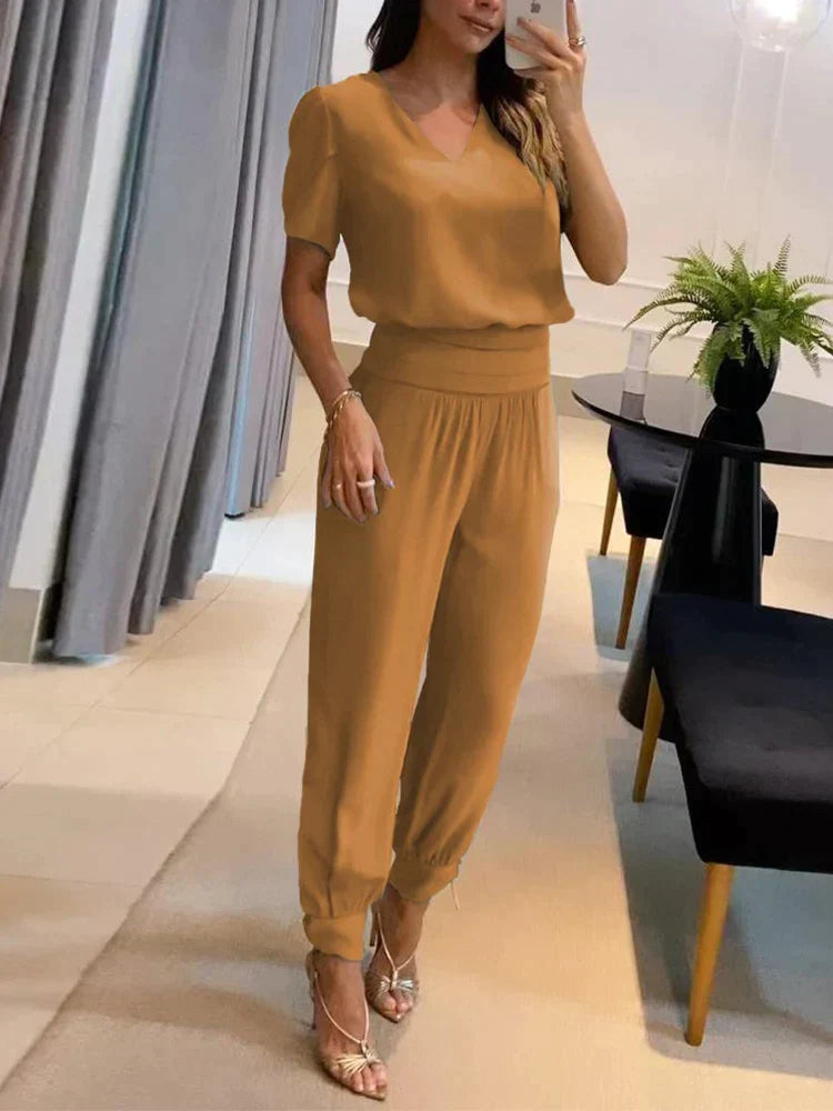 Co-Ord Set - Tweedelige Damesset met Korte Mouw Blouse en Hoge Taille Broek-Boetiek Moda