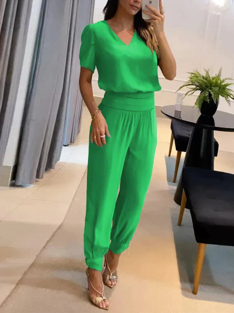 Co-Ord Set - Tweedelige Damesset met Korte Mouw Blouse en Hoge Taille Broek-Boetiek Moda