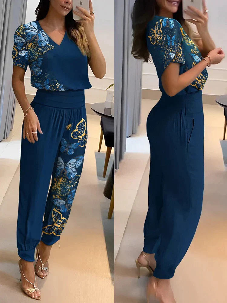 Co-Ord Set - Tweedelige Damesset met Korte Mouw Blouse en Hoge Taille Broek-Boetiek Moda