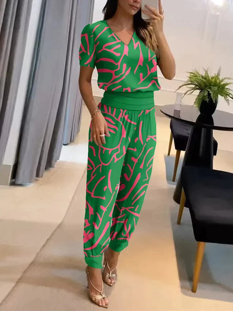 Co-Ord Set - Tweedelige Damesset met Korte Mouw Blouse en Hoge Taille Broek-Boetiek Moda