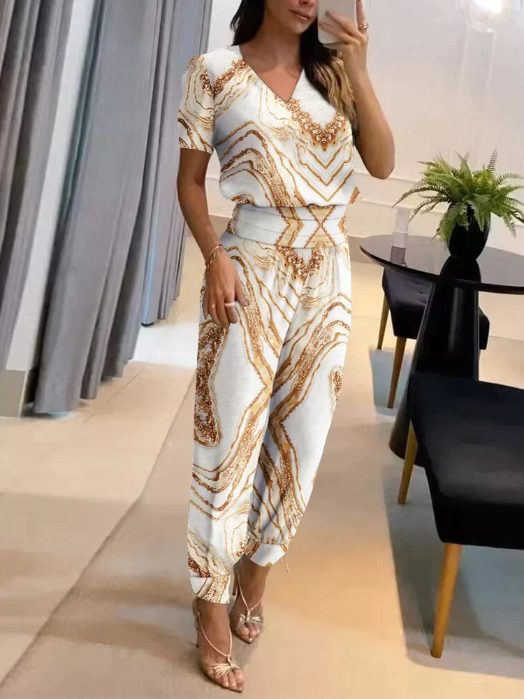 Co-Ord Set - Tweedelige Damesset met Korte Mouw Blouse en Hoge Taille Broek-Boetiek Moda
