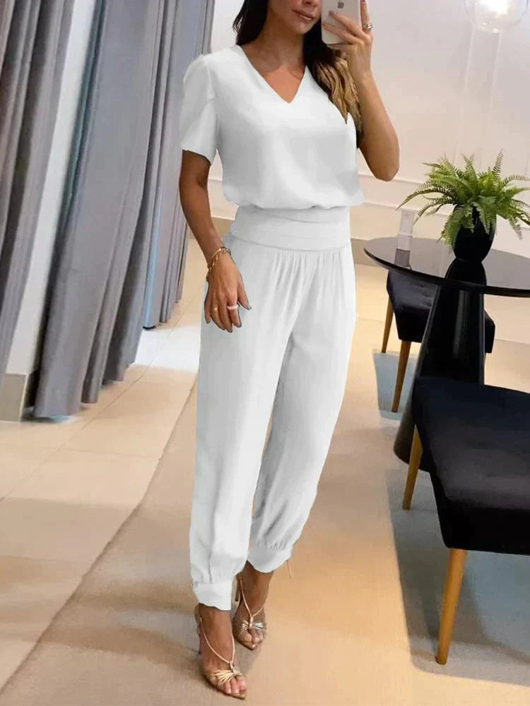 Co-Ord Set - Tweedelige Damesset met Korte Mouw Blouse en Hoge Taille Broek-Boetiek Moda