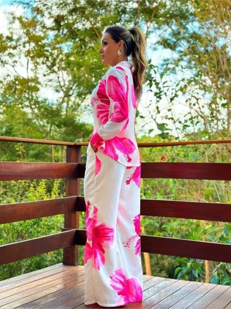 Co-ord set - Damesbloemenbroek met wijde pijpen en overhemd tweedelige set voor de zomer-Boetiek Moda