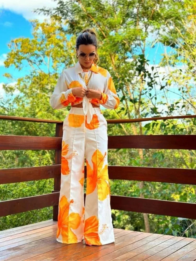 Co-ord set - Damesbloemenbroek met wijde pijpen en overhemd tweedelige set voor de zomer-Boetiek Moda