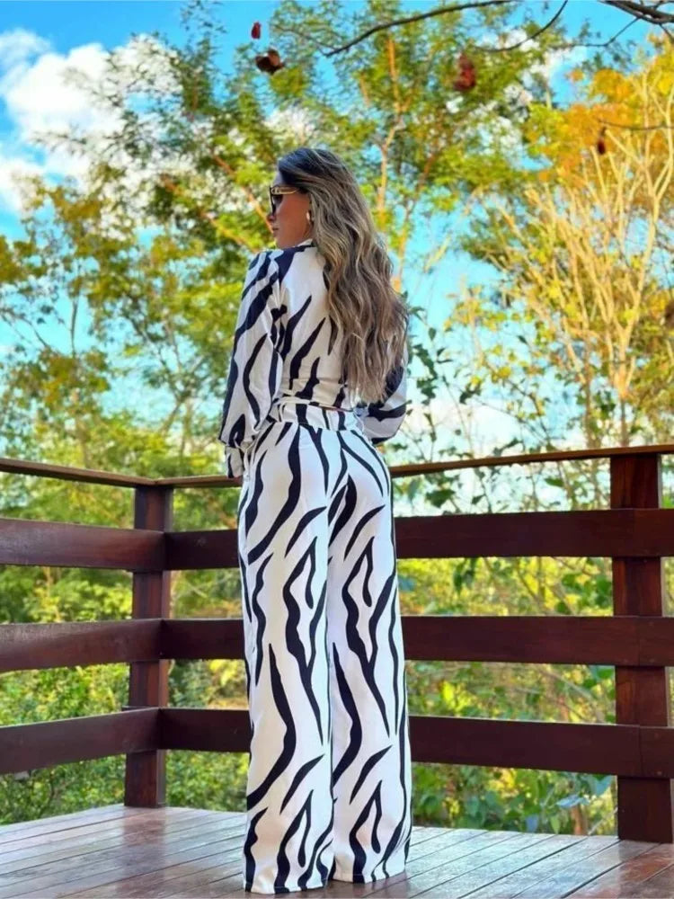 Co-ord set - Damesbloemenbroek met wijde pijpen en overhemd tweedelige set voor de zomer-Boetiek Moda