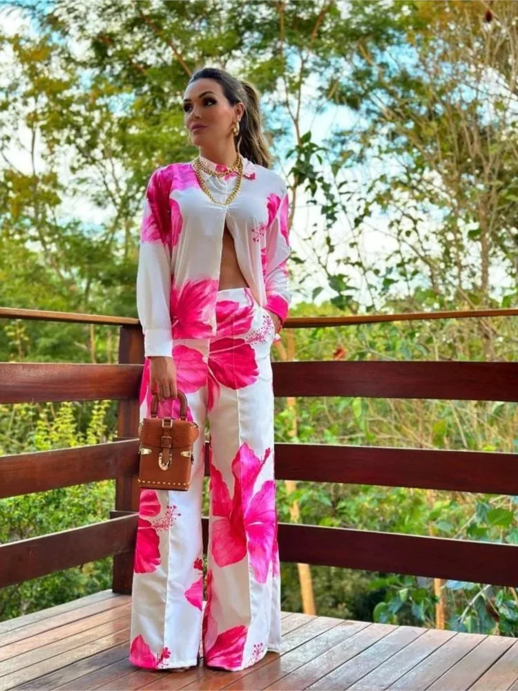 Co-ord set - Damesbloemenbroek met wijde pijpen en overhemd tweedelige set voor de zomer-Boetiek Moda