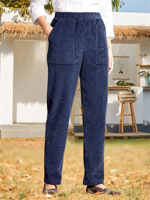 Corduroy Broek - Dames Casual Elastische Taille Rechte Pijp Koordbroek-Boetiek Moda