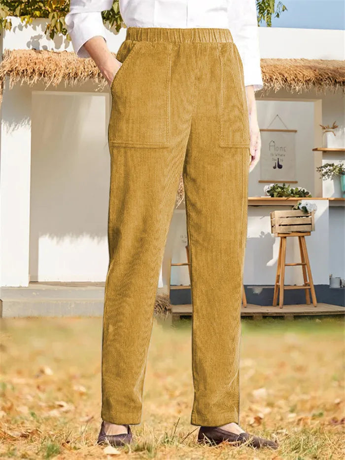 Corduroy Broek - Dames Casual Elastische Taille Rechte Pijp Koordbroek-Boetiek Moda