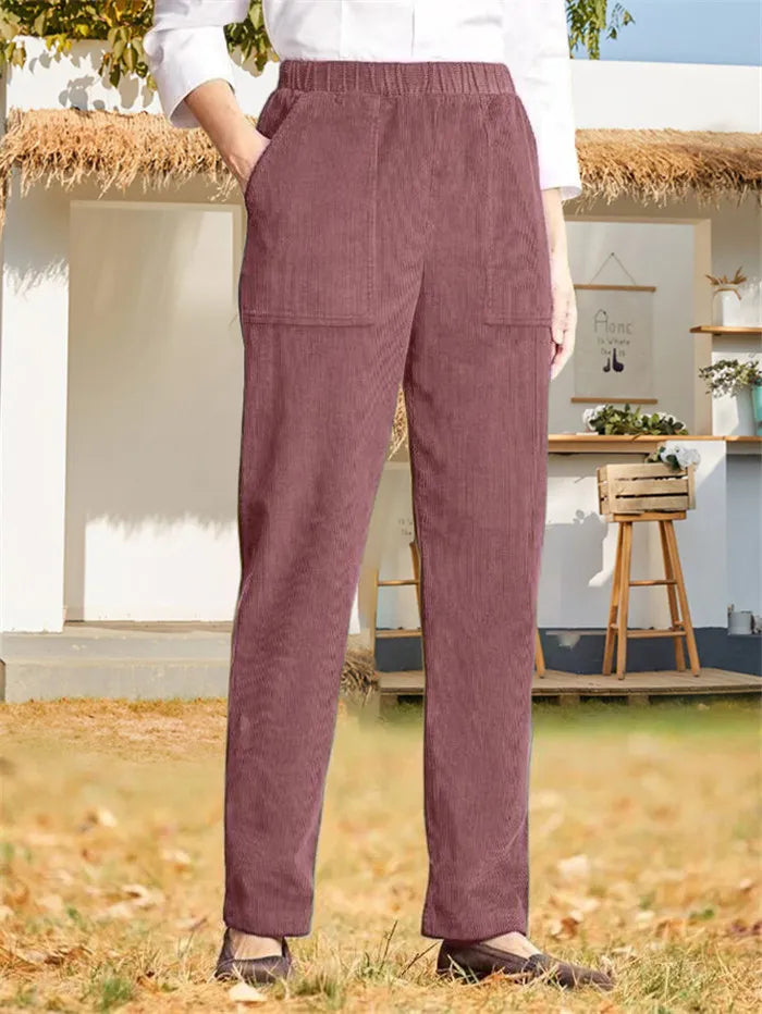 Corduroy Broek - Dames Casual Elastische Taille Rechte Pijp Koordbroek-Boetiek Moda