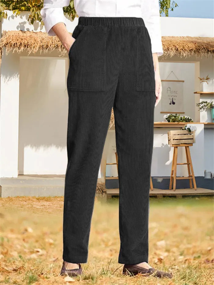 Corduroy Broek - Dames Casual Elastische Taille Rechte Pijp Koordbroek-Boetiek Moda