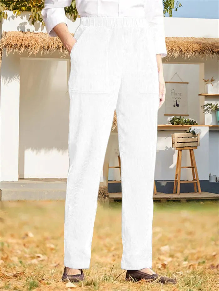 Corduroy Broek - Dames Casual Elastische Taille Rechte Pijp Koordbroek-Boetiek Moda