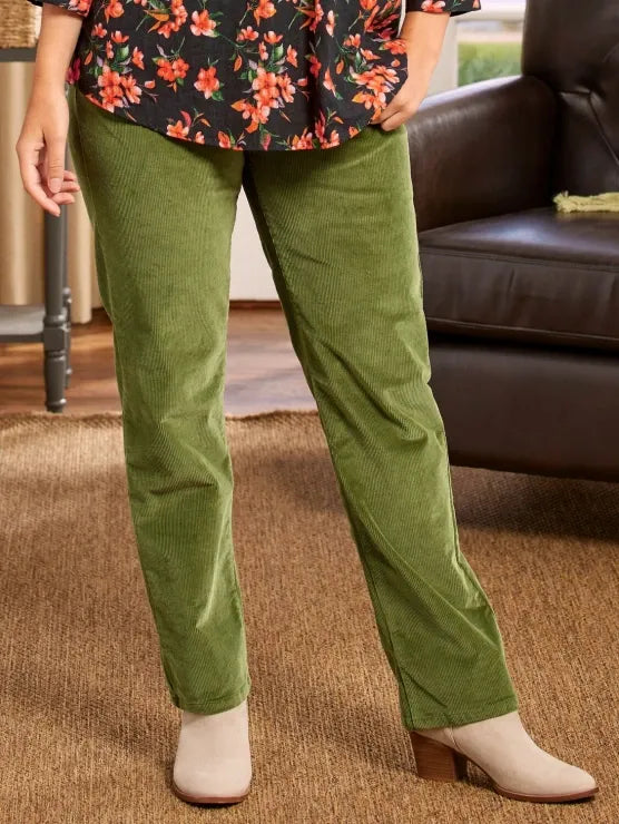 Corduroy Broek - Dames Casual Elastische Taille Rechte Pijp Koordbroek-Boetiek Moda