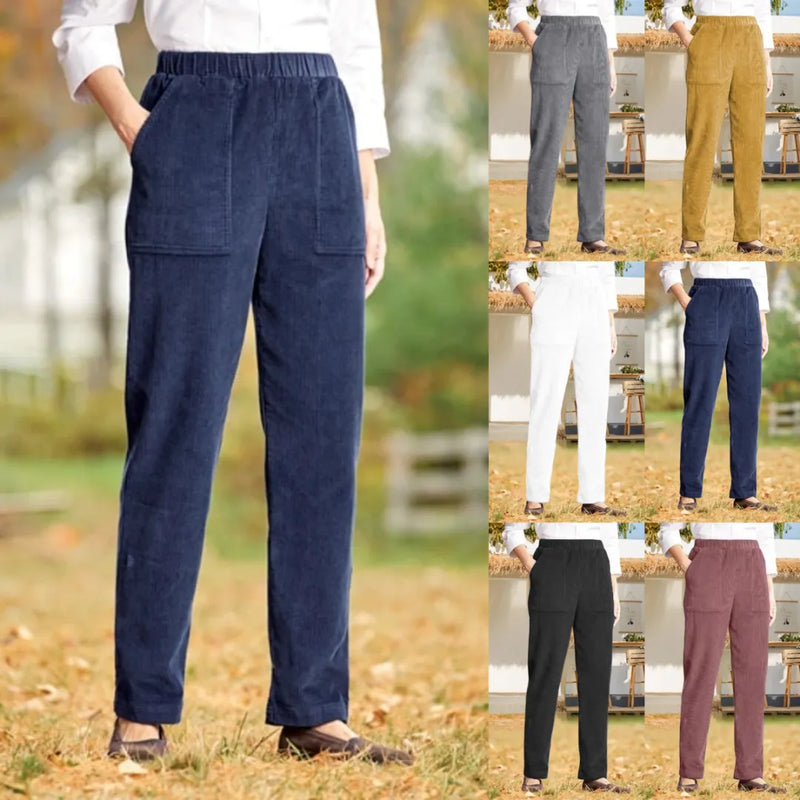 Corduroy Broek - Dames Casual Elastische Taille Rechte Pijp Koordbroek-Boetiek Moda