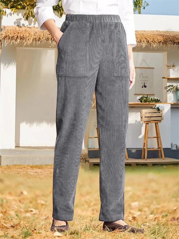 Corduroy Broek - Dames Casual Elastische Taille Rechte Pijp Koordbroek-Boetiek Moda