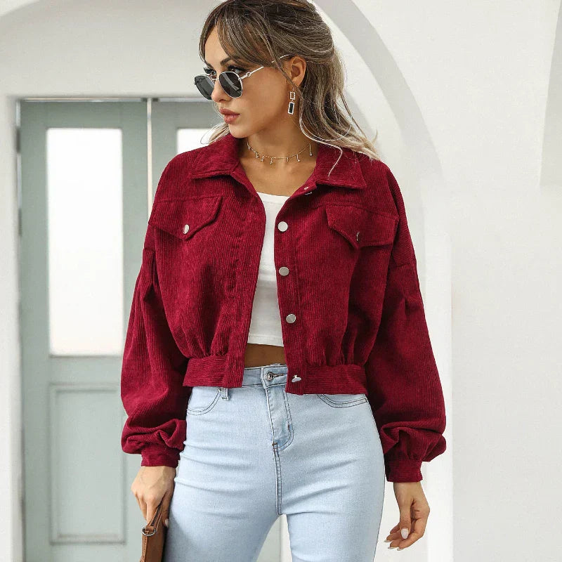 Corduroy Jas | Button-Up | Lantaarn Mouw | Cropped Jas | Bomberjack voor Vrouwen-Boetiek Moda