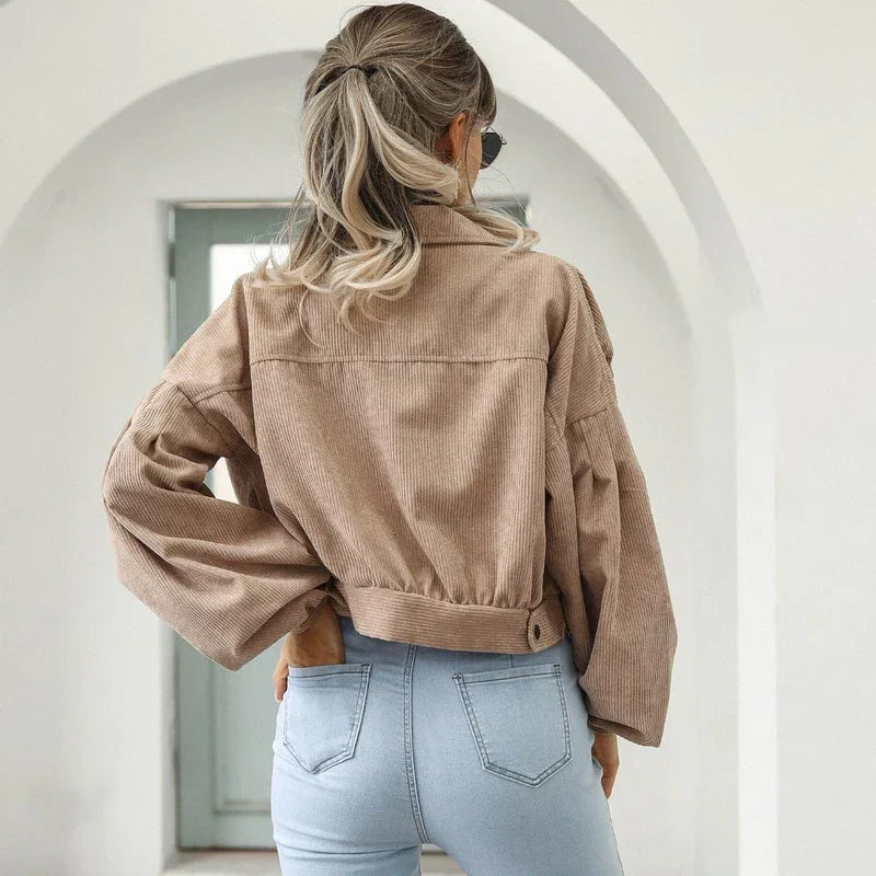 Corduroy Jas | Button-Up | Lantaarn Mouw | Cropped Jas | Bomberjack voor Vrouwen-Boetiek Moda