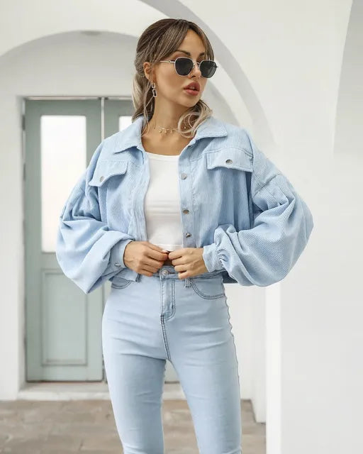 Corduroy Jas | Button-Up | Lantaarn Mouw | Cropped Jas | Bomberjack voor Vrouwen-Boetiek Moda