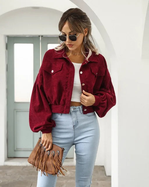 Corduroy Jas | Button-Up | Lantaarn Mouw | Cropped Jas | Bomberjack voor Vrouwen-Boetiek Moda