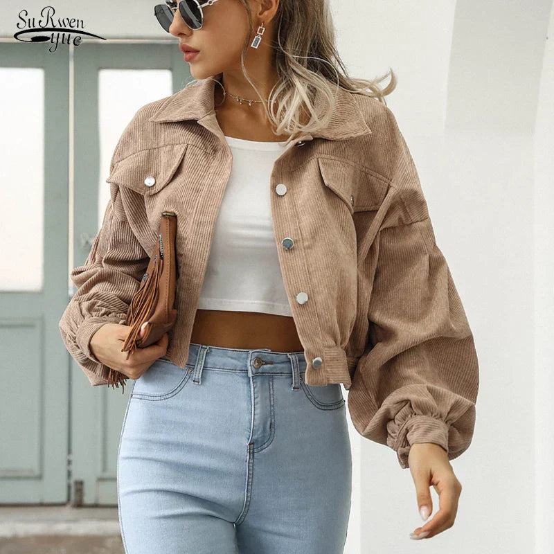 Corduroy Jas | Button-Up | Lantaarn Mouw | Cropped Jas | Bomberjack voor Vrouwen-Boetiek Moda