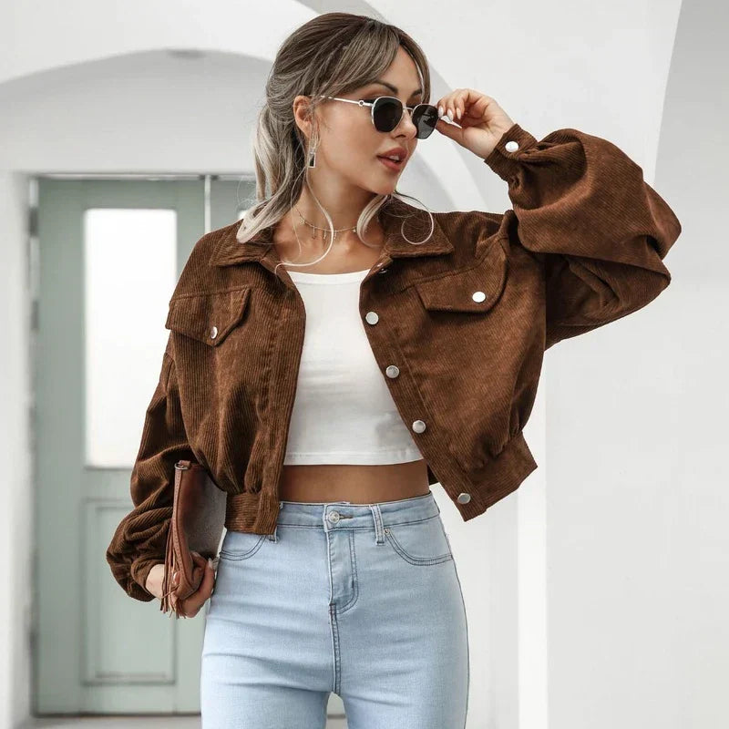 Corduroy Jas | Button-Up | Lantaarn Mouw | Cropped Jas | Bomberjack voor Vrouwen-Boetiek Moda