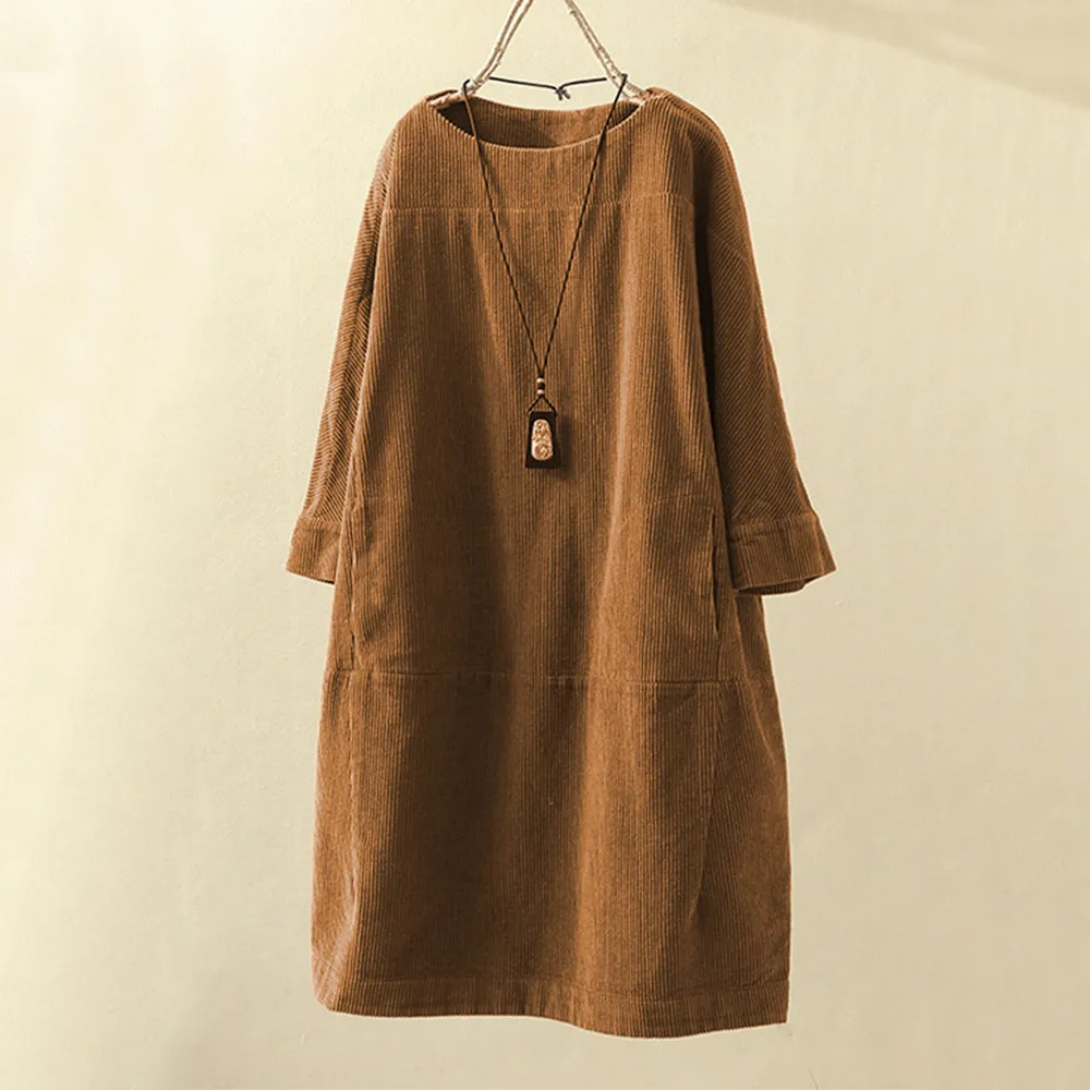 Corduroy Jurk - Dames Loose Fit Midi Jurk met Lange Mouwen-Boetiek Moda