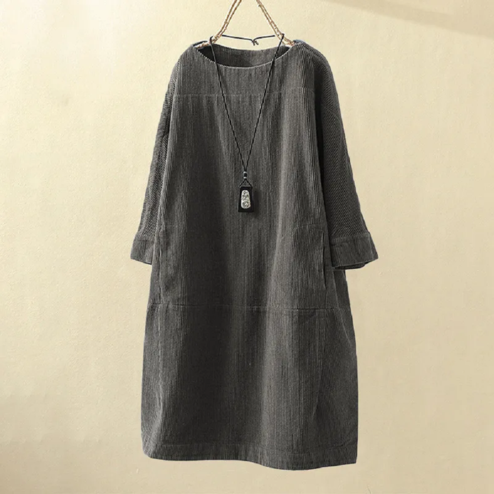 Corduroy Jurk - Dames Loose Fit Midi Jurk met Lange Mouwen-Boetiek Moda