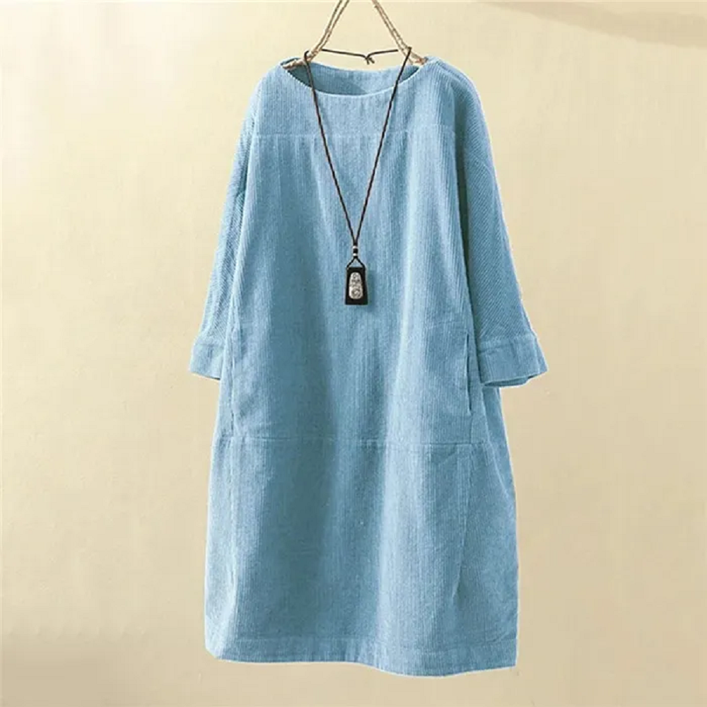 Corduroy Jurk - Dames Loose Fit Midi Jurk met Lange Mouwen-Boetiek Moda