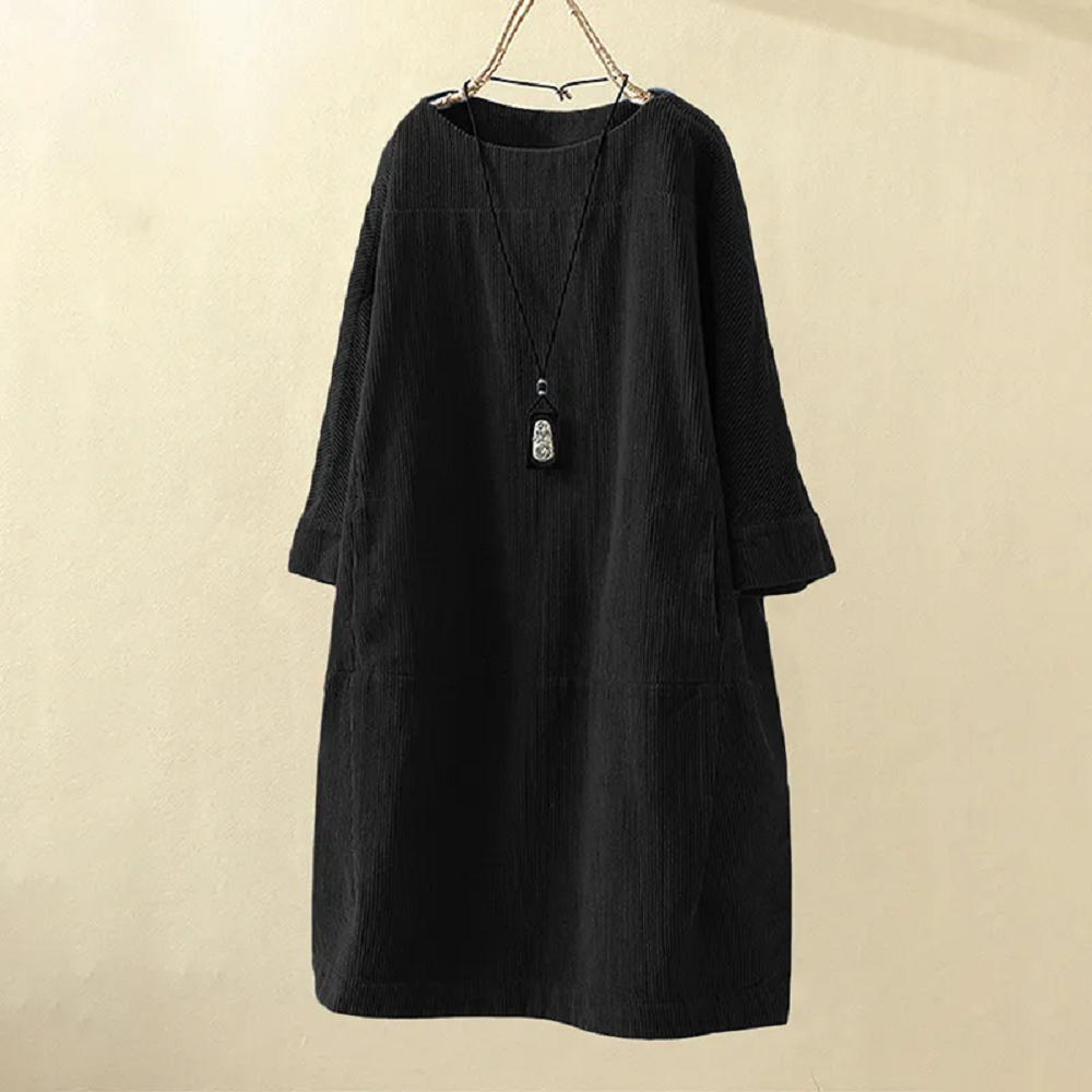 Corduroy Jurk - Dames Loose Fit Midi Jurk met Lange Mouwen-Boetiek Moda